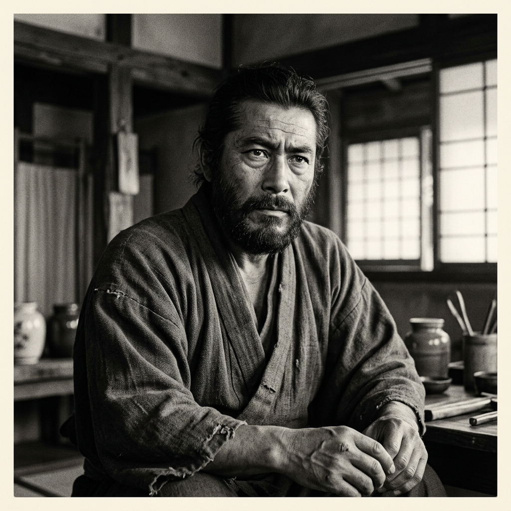 Bearded man in worn traditional kimono sitting in Japanese interior with wooden elements