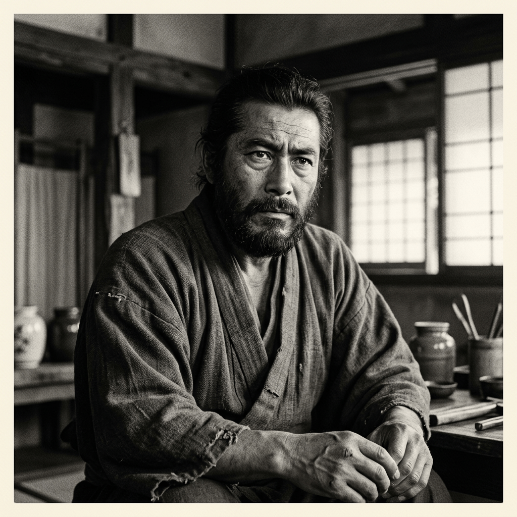 Bearded man in worn traditional kimono sitting in Japanese interior with wooden elements